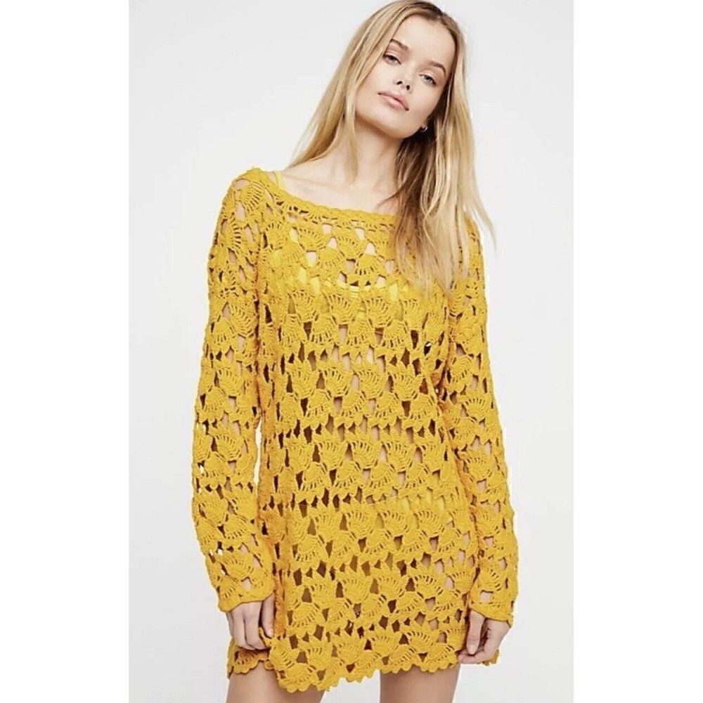 NEW FREE PEOPLE Sz L LITTLE FAN CROCHET SWEATER DRESS LONG TUNIC TOP $198